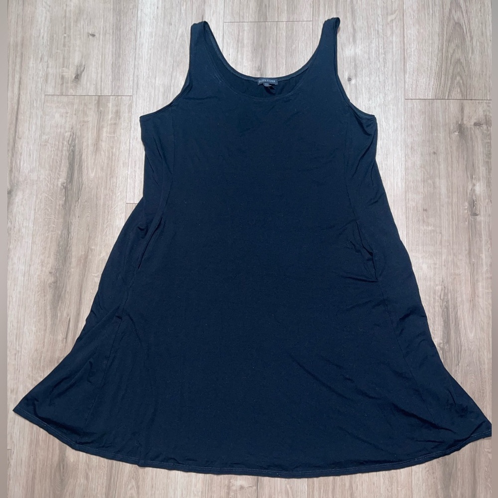 Eileen Fisher Classic Black Flattering Flare Midi Dress With Pockets Size XL